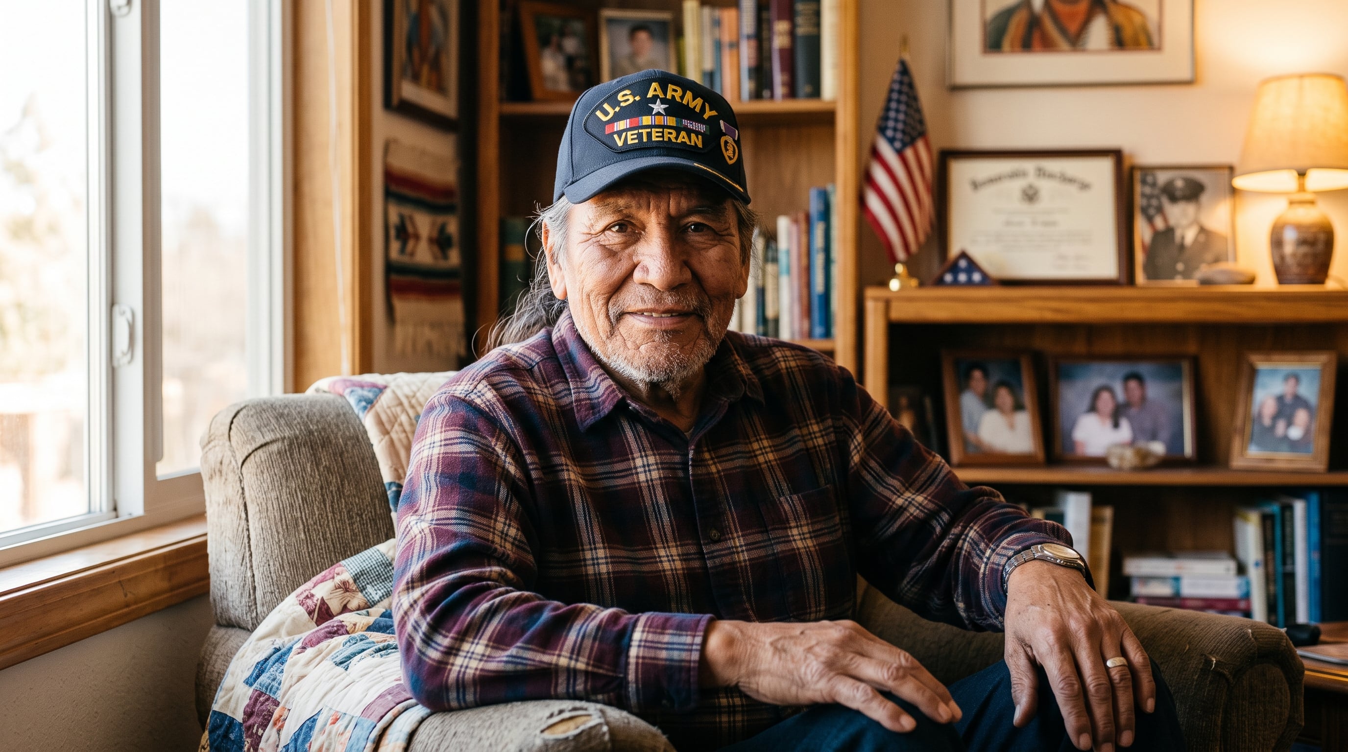 A proud senior Native American male veteran wearing a veteran ball cap in a sunlit living room