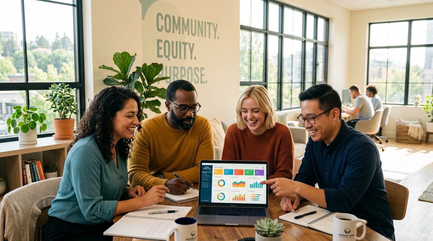 A diverse nonprofit team collaborating around a laptop showing a data dashboard in a warm, sunlit office