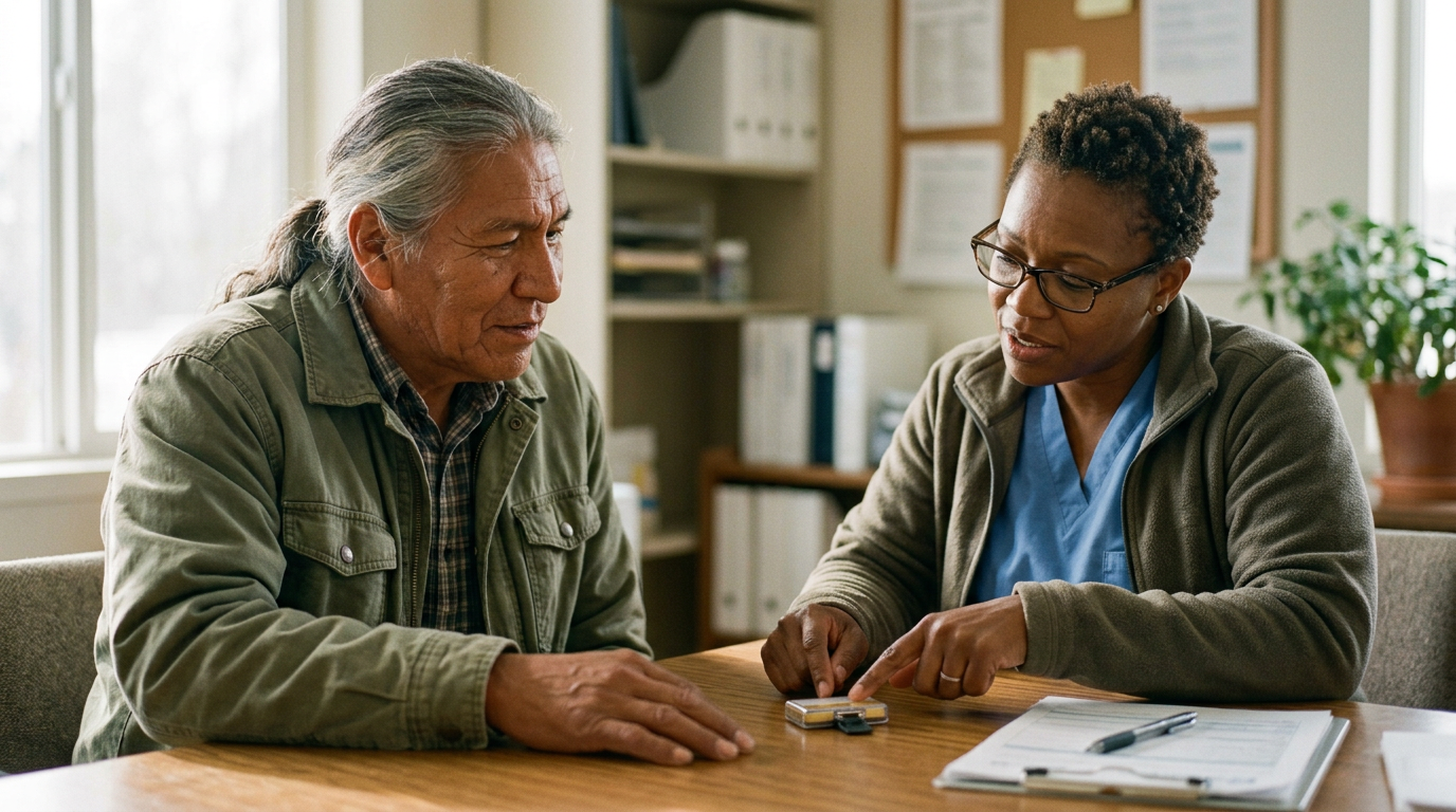 A doctor pointing to a radiation dosimeter badge while talking with a veteran