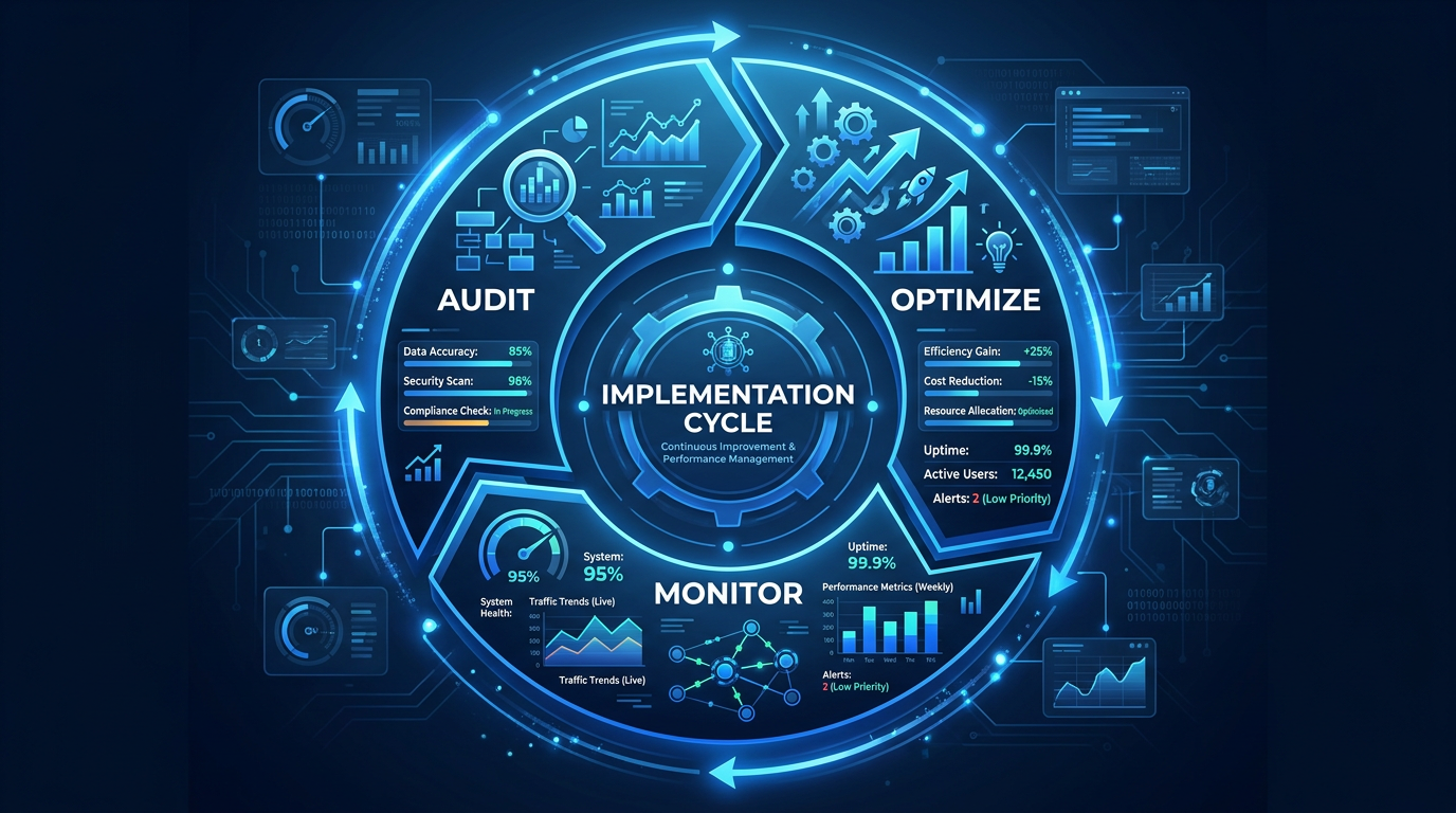 AEO implementation process - Audit, Optimize, Monitor cycle