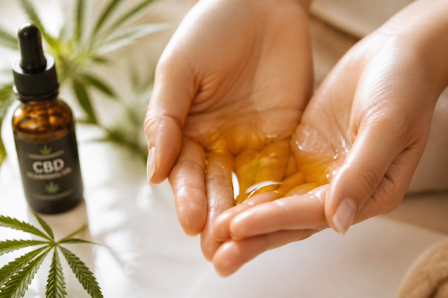 Golden CBD cleansing oil texture in hands with hemp leaves and dropper bottle