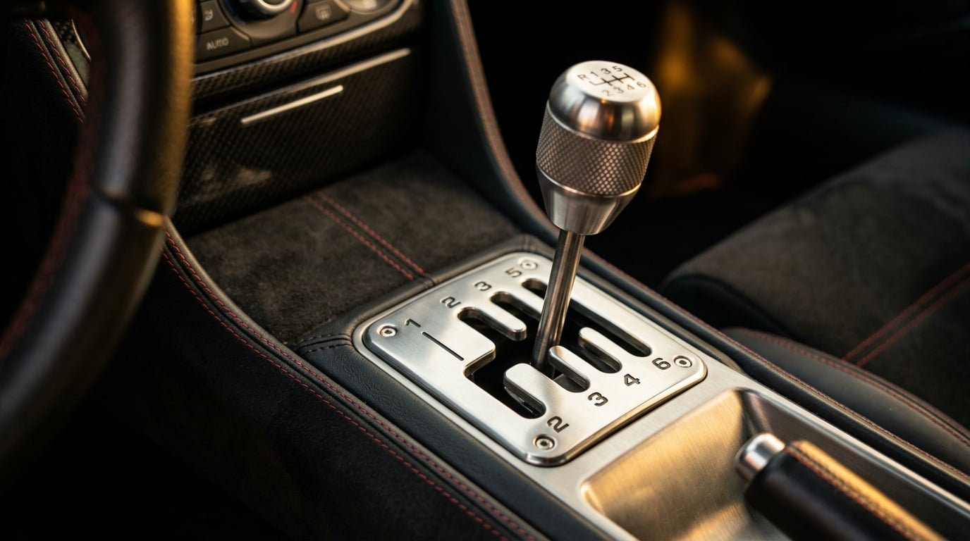 Close-up of an exotic car gated metal manual gearshift