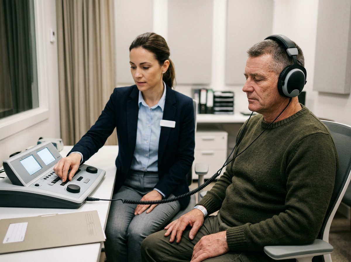 An audiologist adjusting an audiometer while seated beside a patient during a clinical hearing evaluation