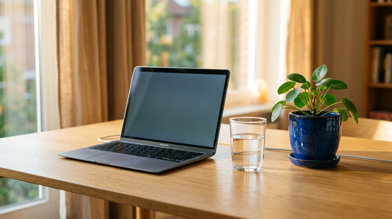Workspace minimalista com apenas itens essenciais representando clareza mental