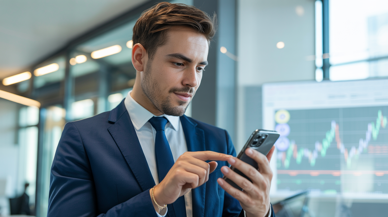 Profesional verificando resultados de trading automatizado en smartphone