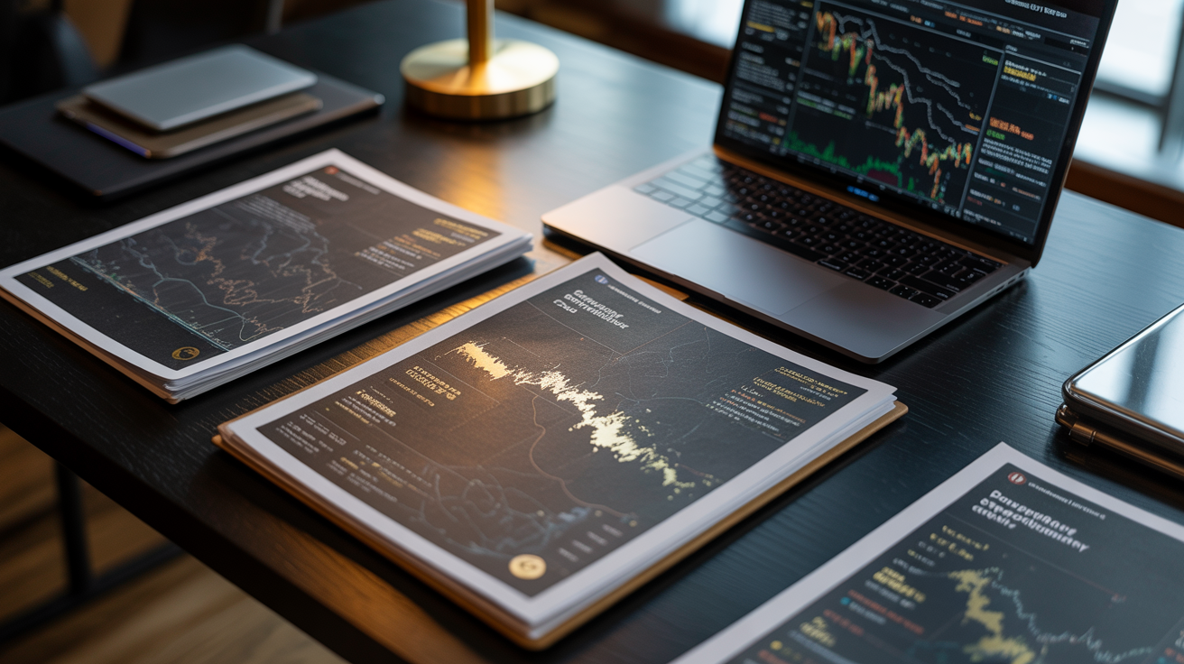 Premium intelligence reports and visual maps on dark executive desk with data visualizations