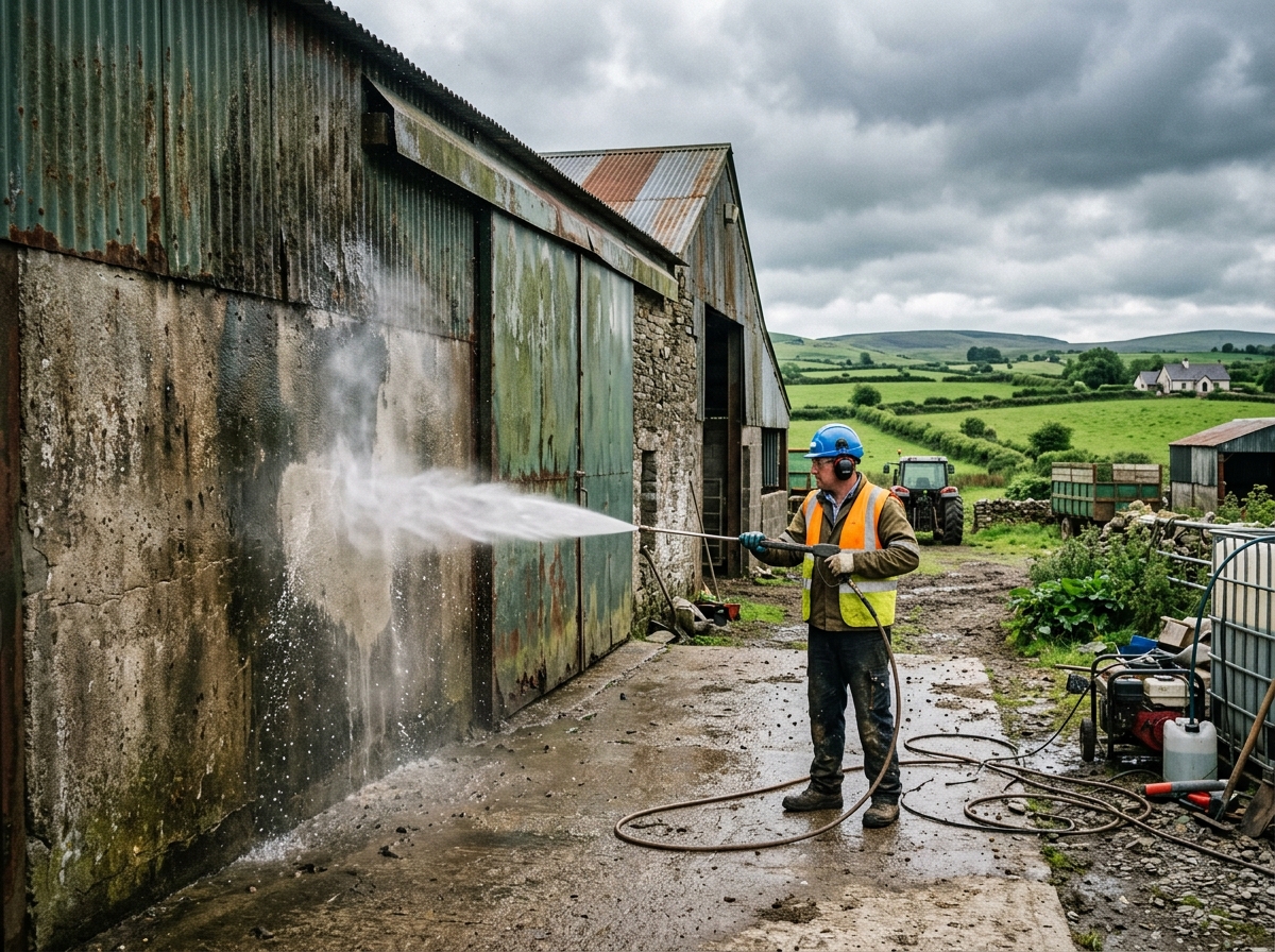 Power washing farm building exterior