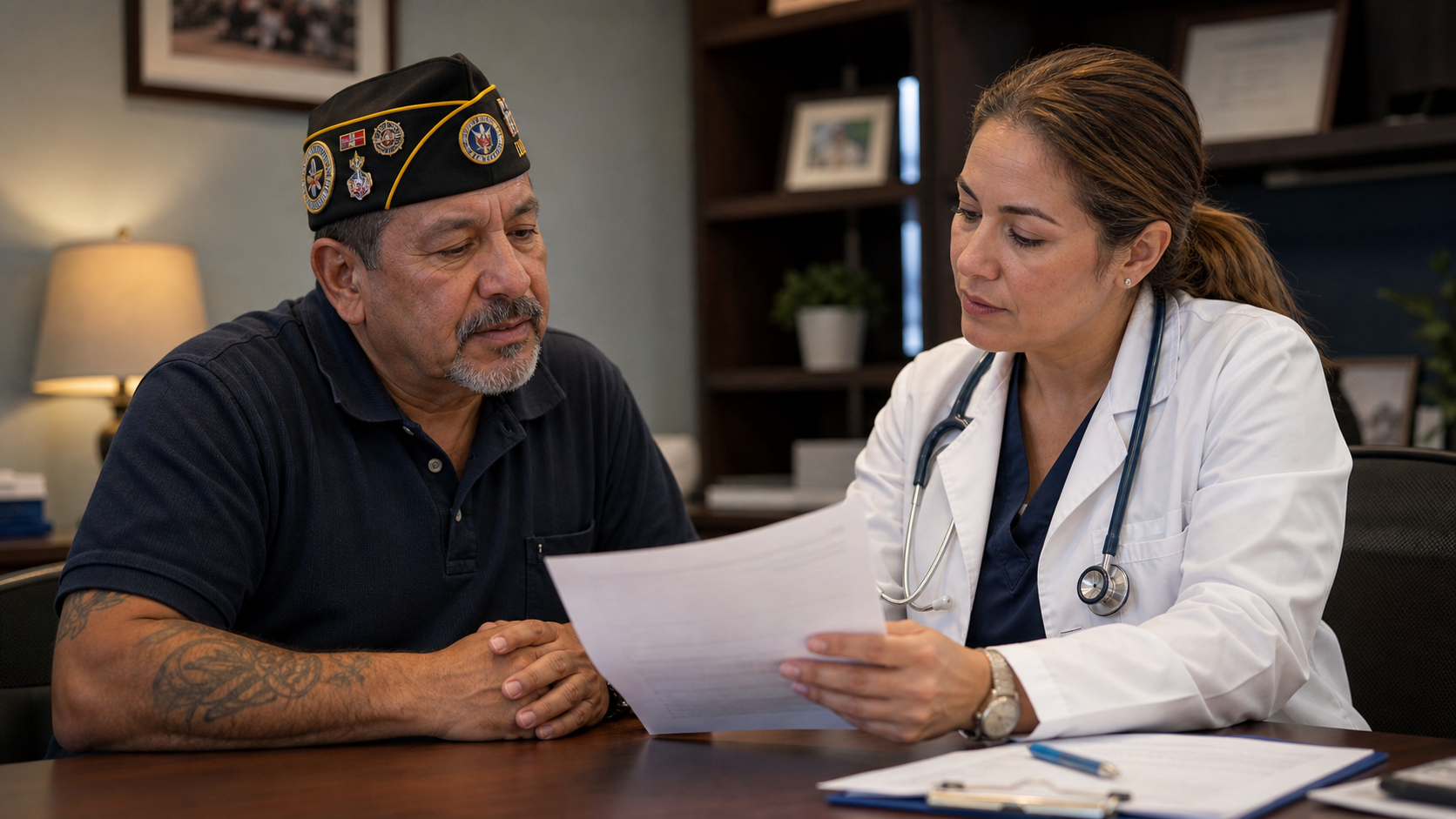 A Latino male veteran reviewing a medical document with his doctor in a professional office