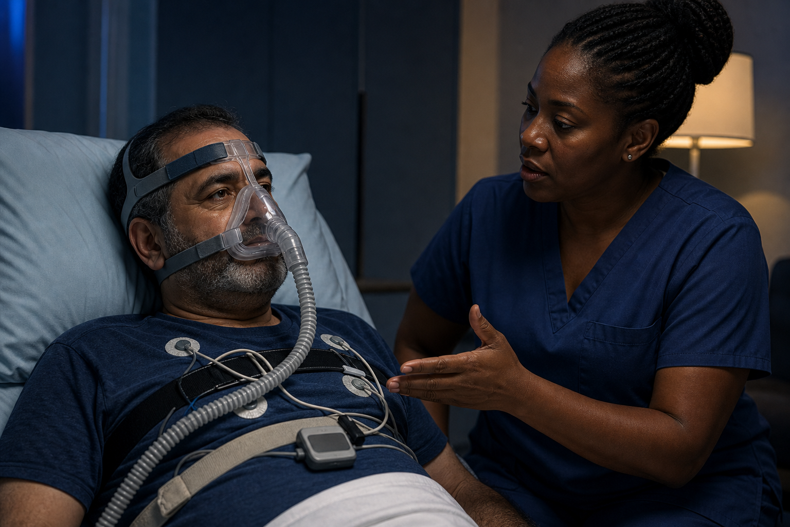 A Middle Eastern male veteran in his fifties wearing a CPAP mask in bed at night while a Black female clinician adjusts the therapy