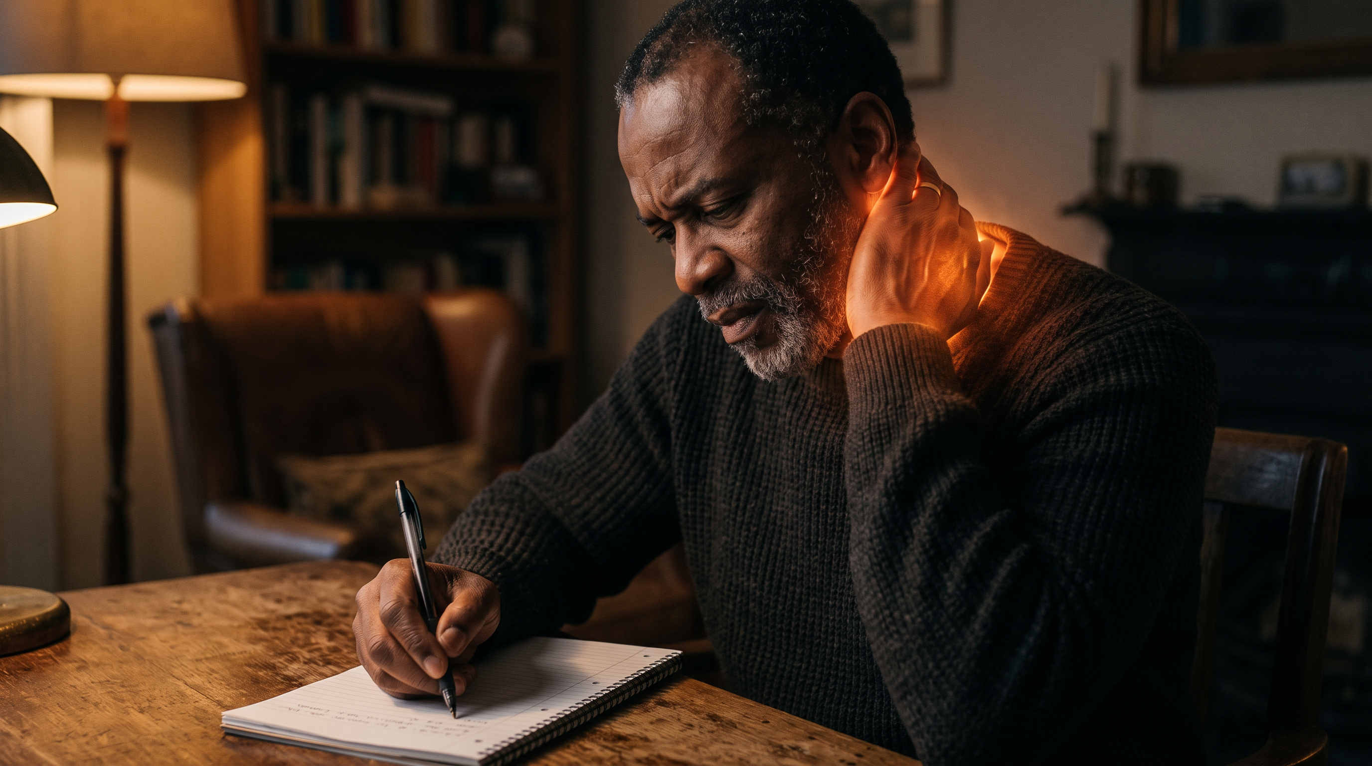 An older Black man writing with his dominant hand while his other hand rests on the back of his neck, a faint amber nerve glow at the cervical spine