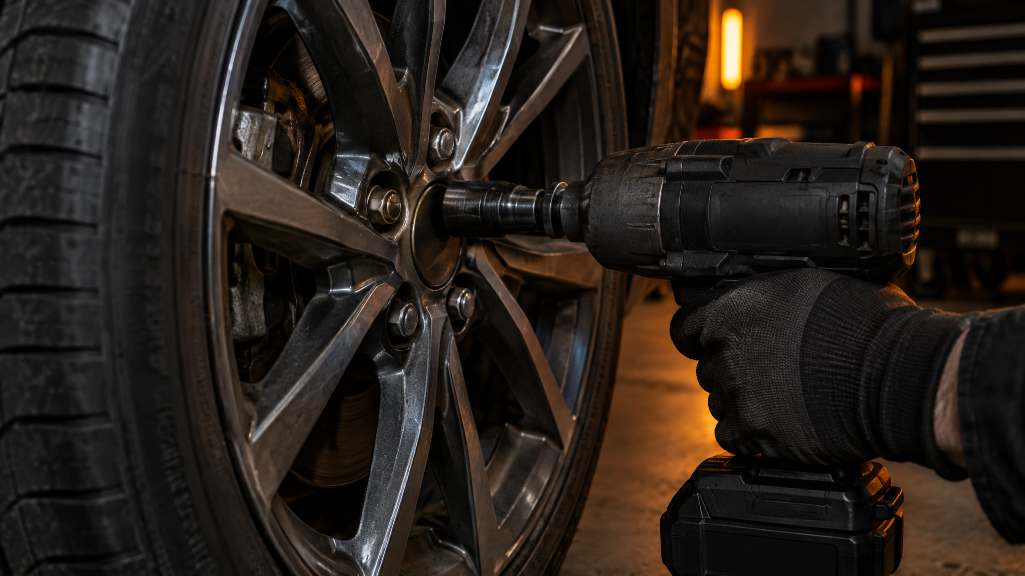 Cordless impact wrench removing a car wheel nut