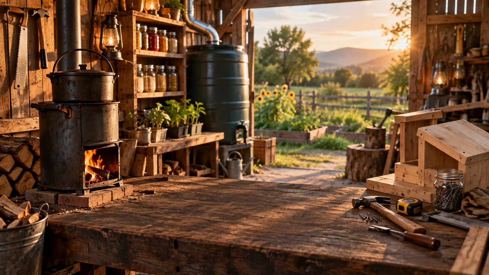 A warm homestead workshop at golden hour with a rocket stove, rainwater barrel, hand tools on weathered wood, and jars of stored food