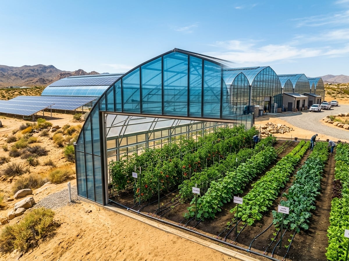 Modern greenhouse facility growing vegetables with drip irrigation in the desert