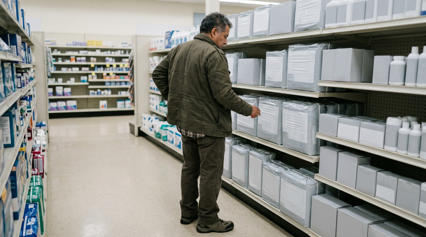 Hispanic male veteran in a pharmacy aisle looking at absorbent supplies