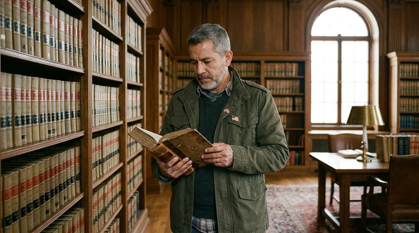 A veteran holding a thick bound decision in a quiet law library