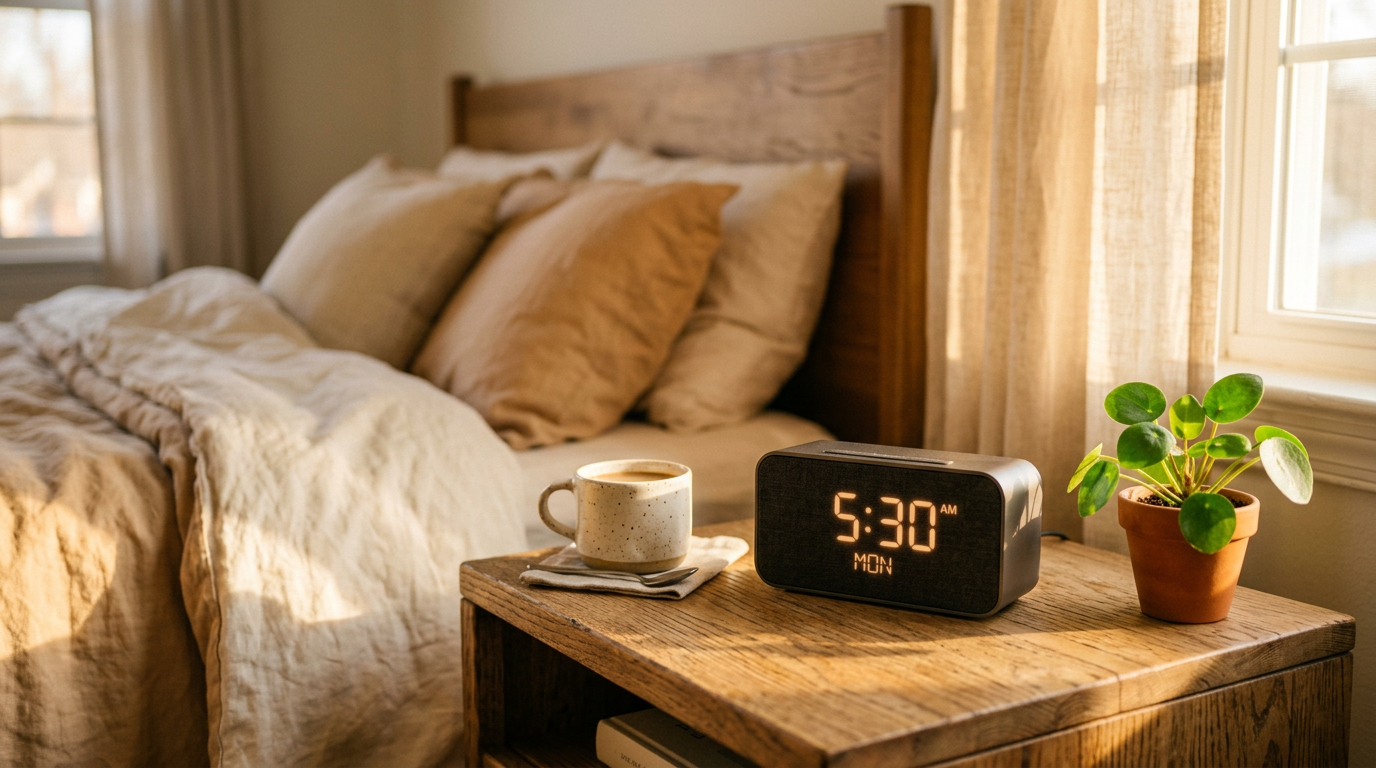 Relógio despertador marcando 5:30 da manhã com luz dourada matinal