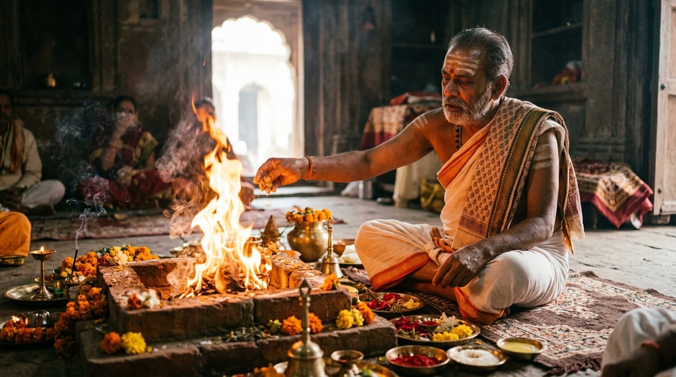 Pandit performing sacred fire ceremony with offerings
