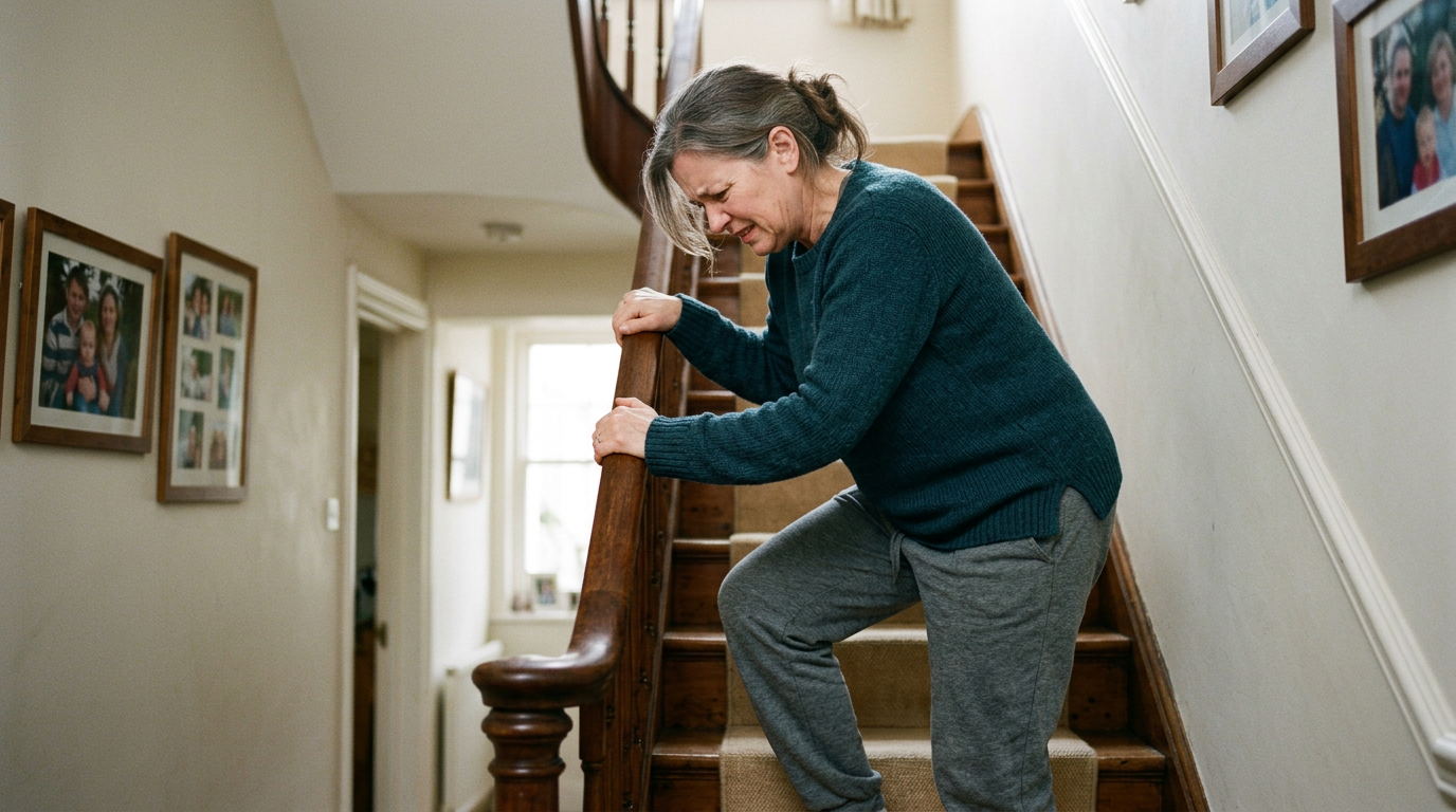 Photograph of a person gripping a stair railing tightly, unable to climb stairs normally because the knee will not bend enough