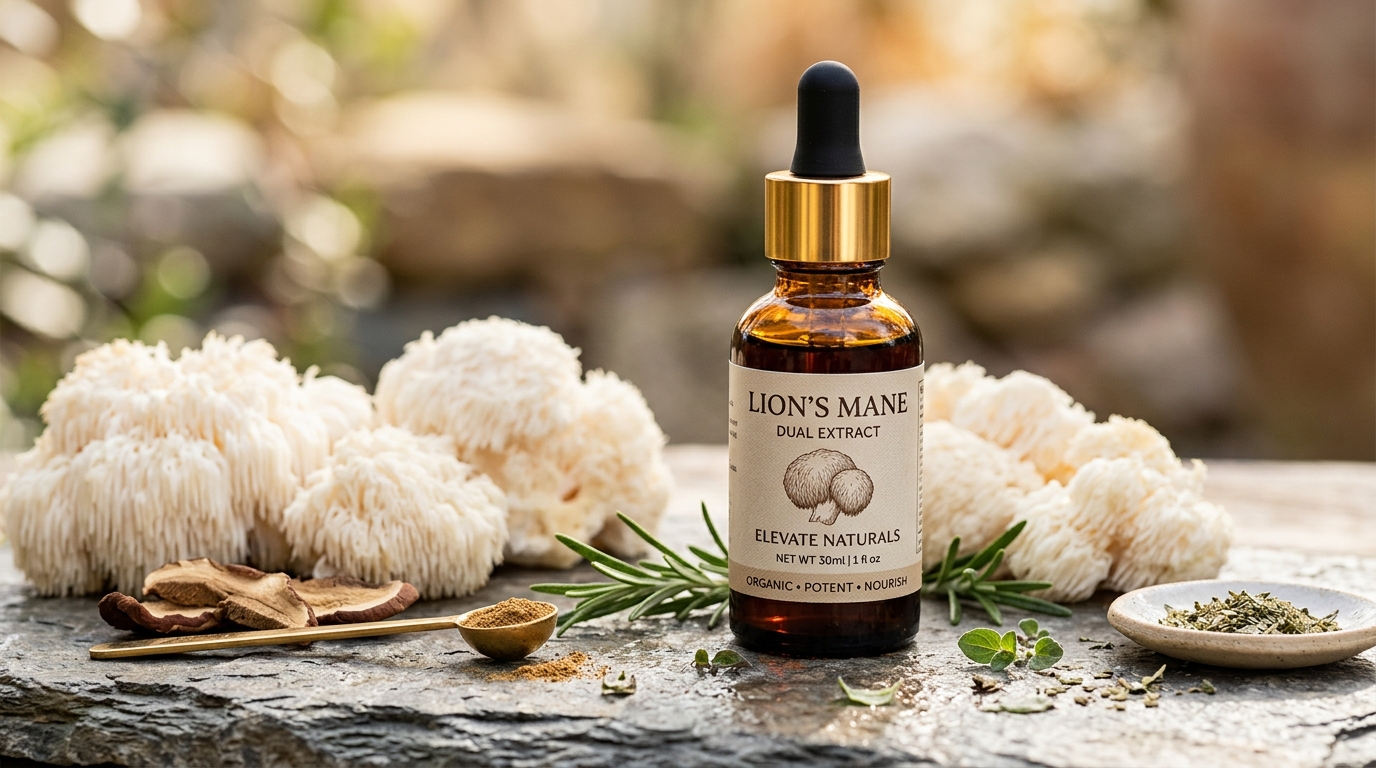 Premium dual-extracted lion's mane tincture bottle with fresh mushrooms