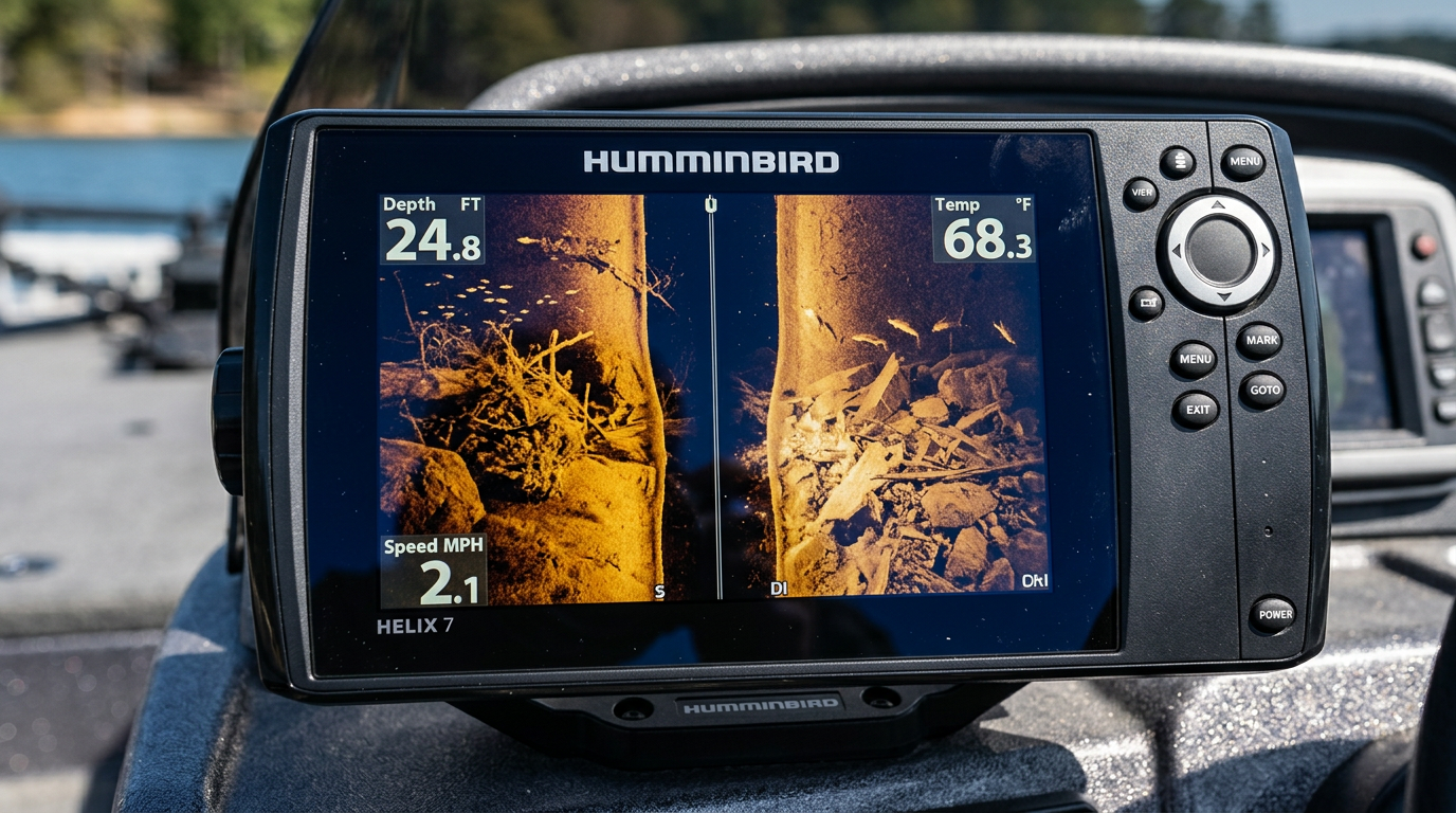 Humminbird HELIX 7 screen showing split view of Side Imaging and MEGA Down Imaging sonar underwater views