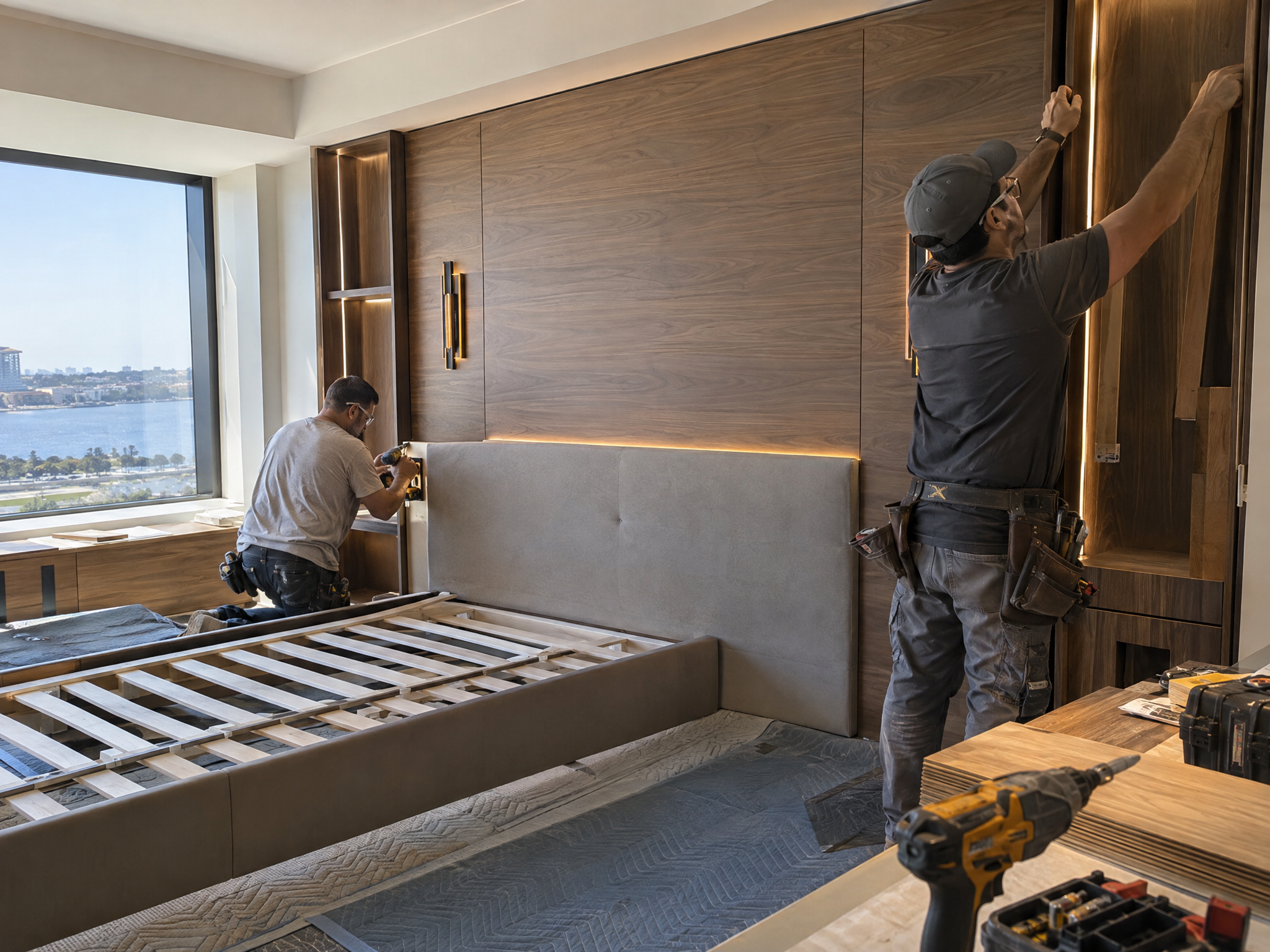 Crew installing custom millwork during a hotel room renovation