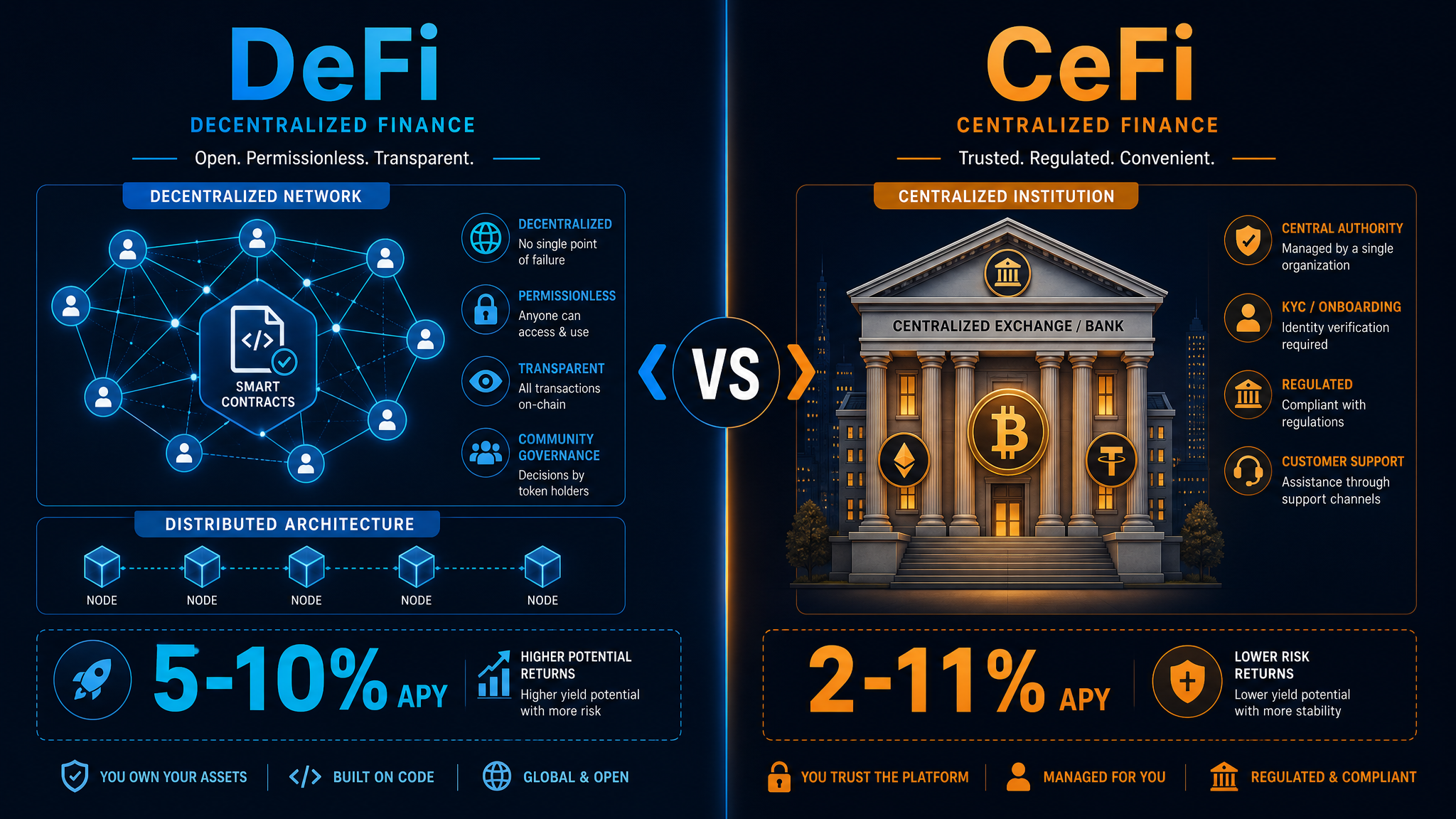Crypto lending platform comparison DeFi vs CeFi yield rates 2026
