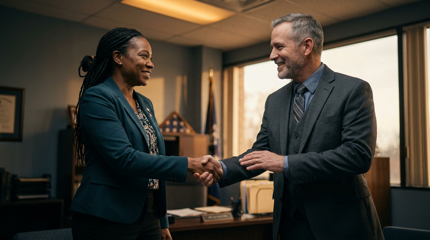 A veteran and advocate shaking hands after a successful claim outcome