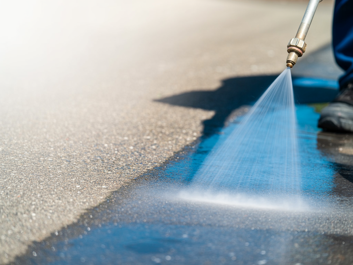 Pressure washing nozzle creating fan spray pattern on paved surface near Athlone
