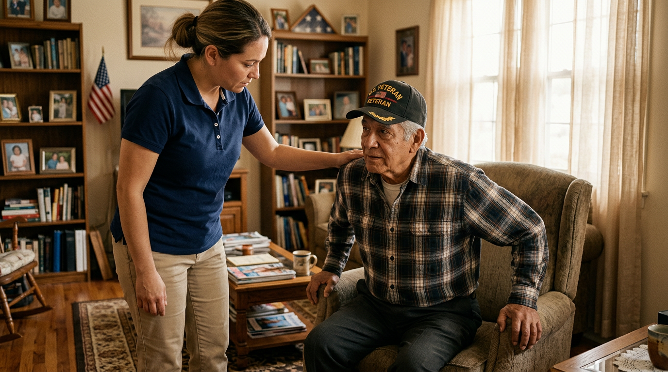 Elderly Hispanic male veteran being gently helped from a chair by a caregiver in a warm living room