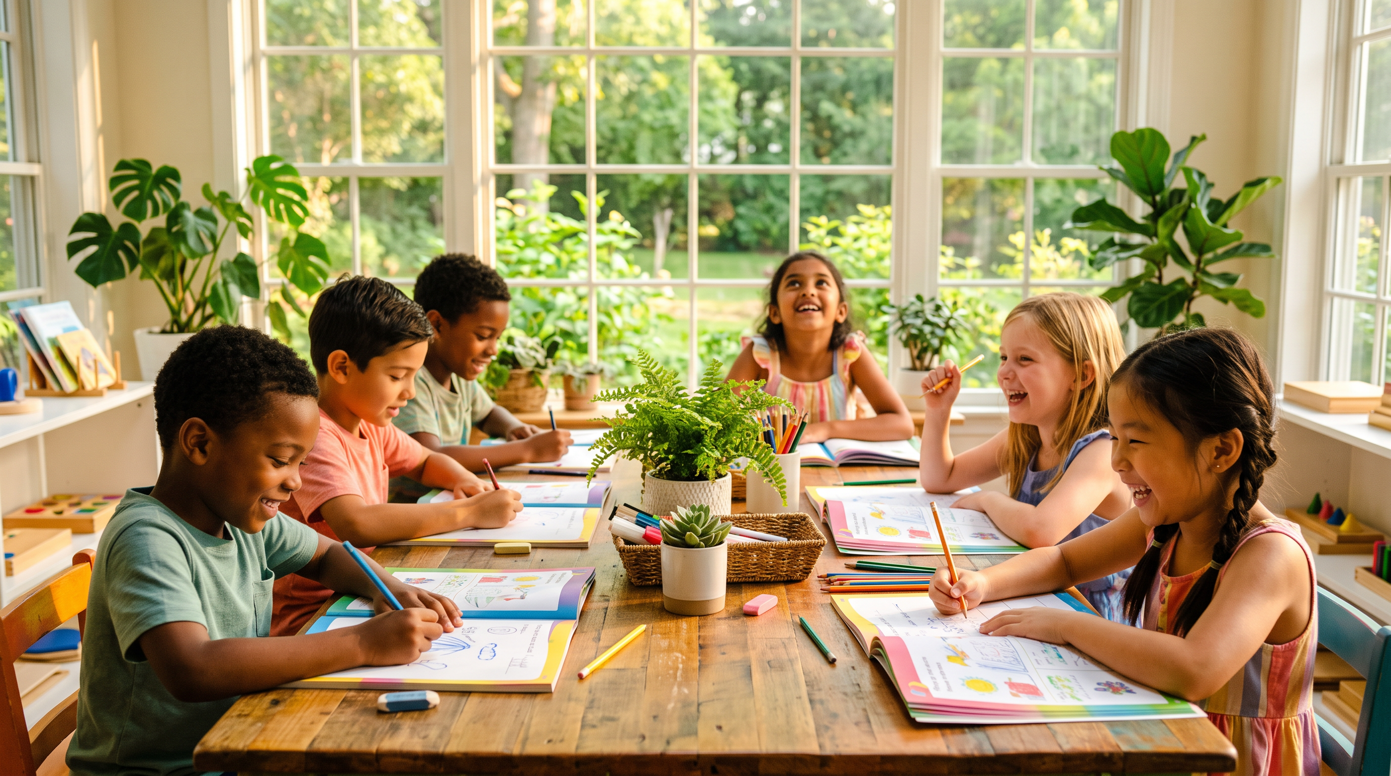 Children doing summer learning workbooks in a bright sunlit room in Highland Village TX