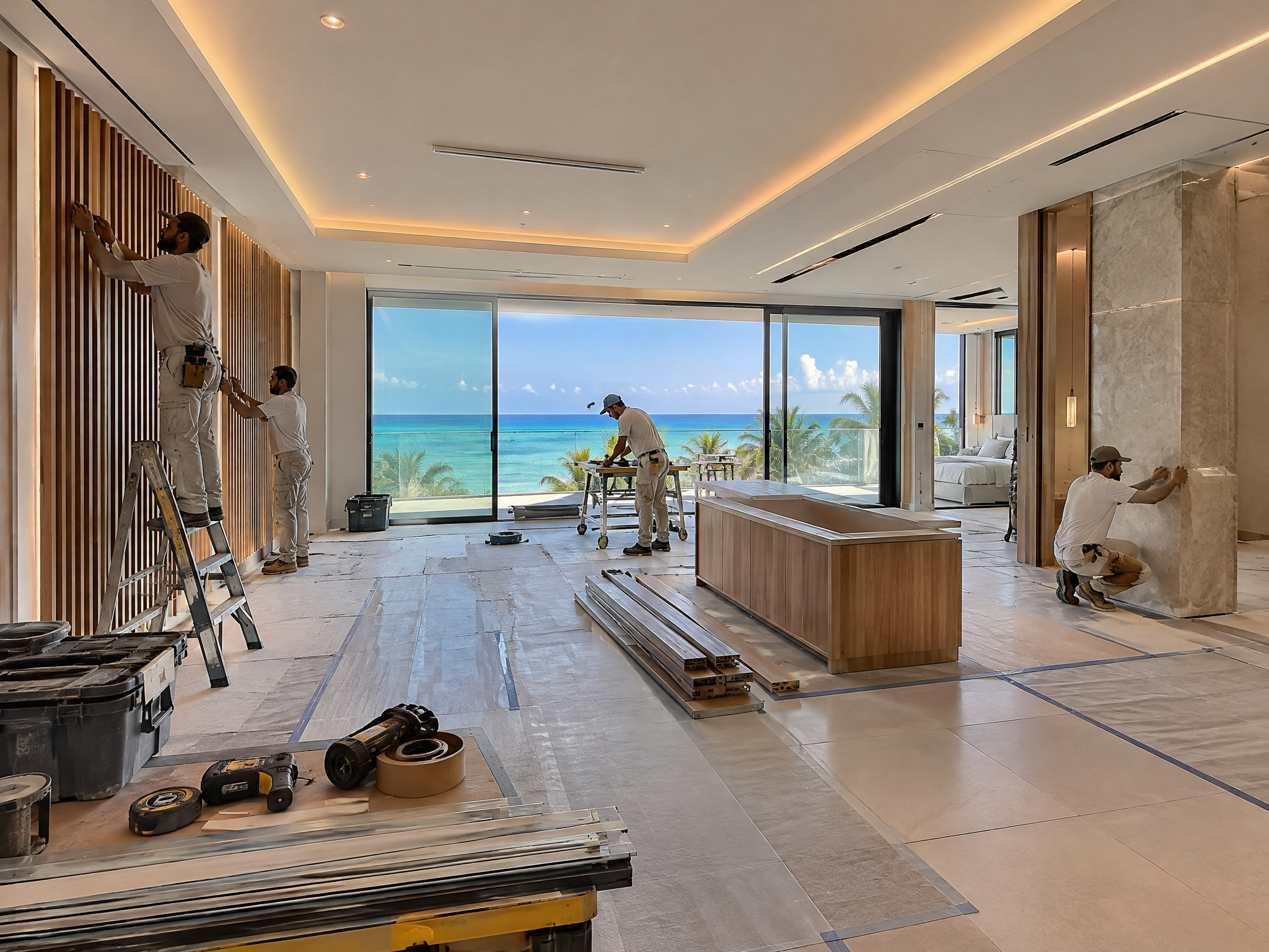 Crew remodeling an ocean-view luxury hotel suite in a Caribbean resort