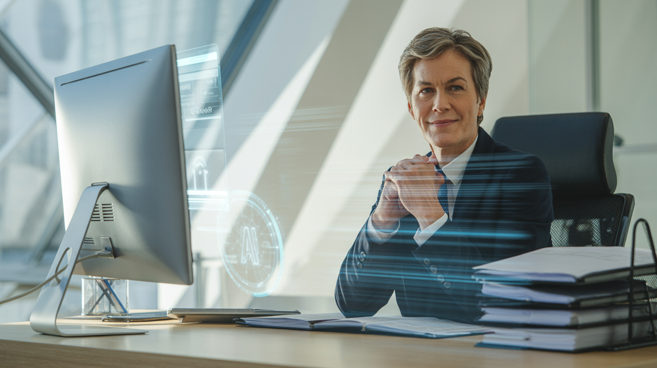 Professional attorney working efficiently with AI automation in modern law office