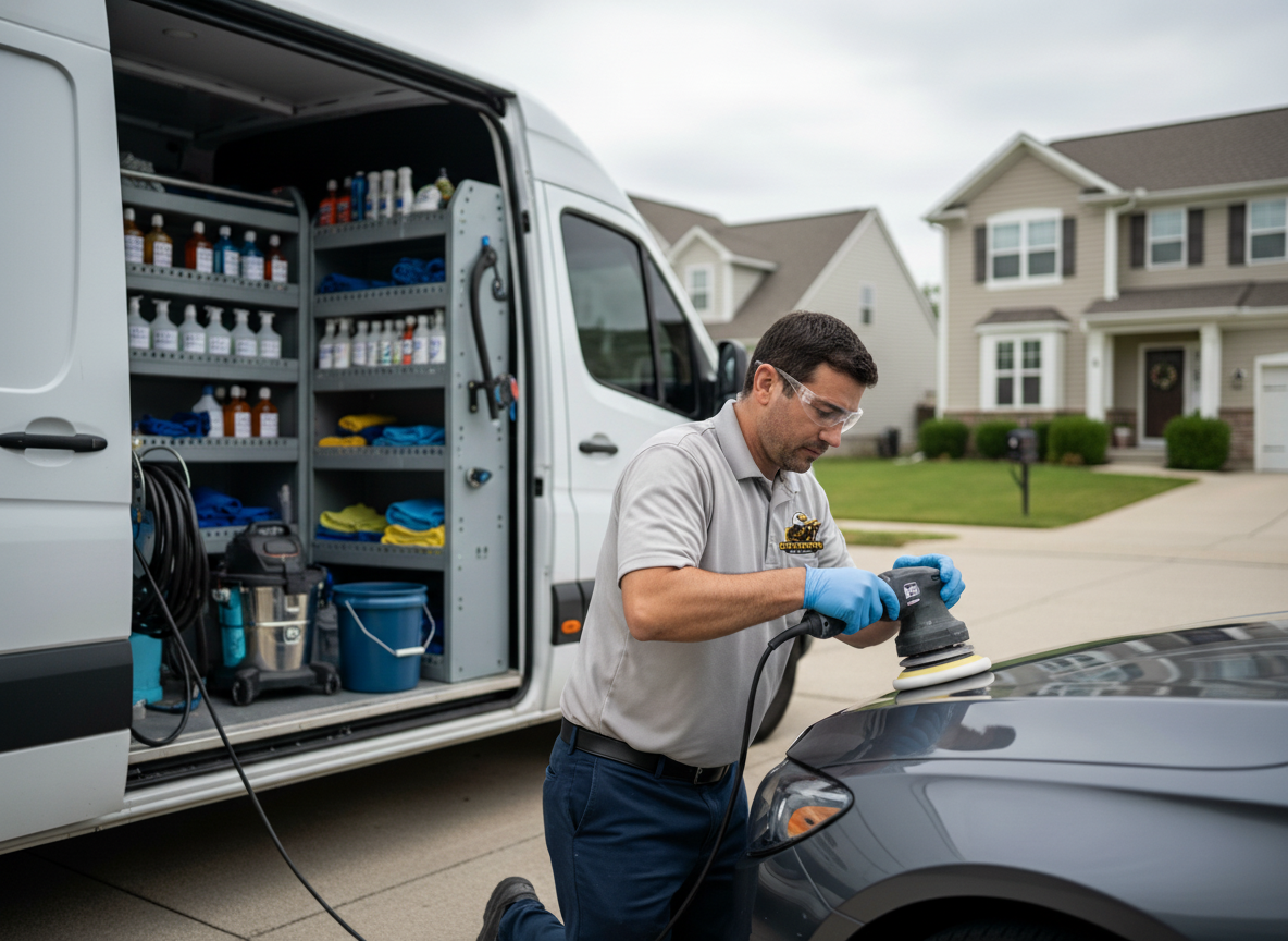 Mobile detailer with Dominion Detailers logo patch on shirt