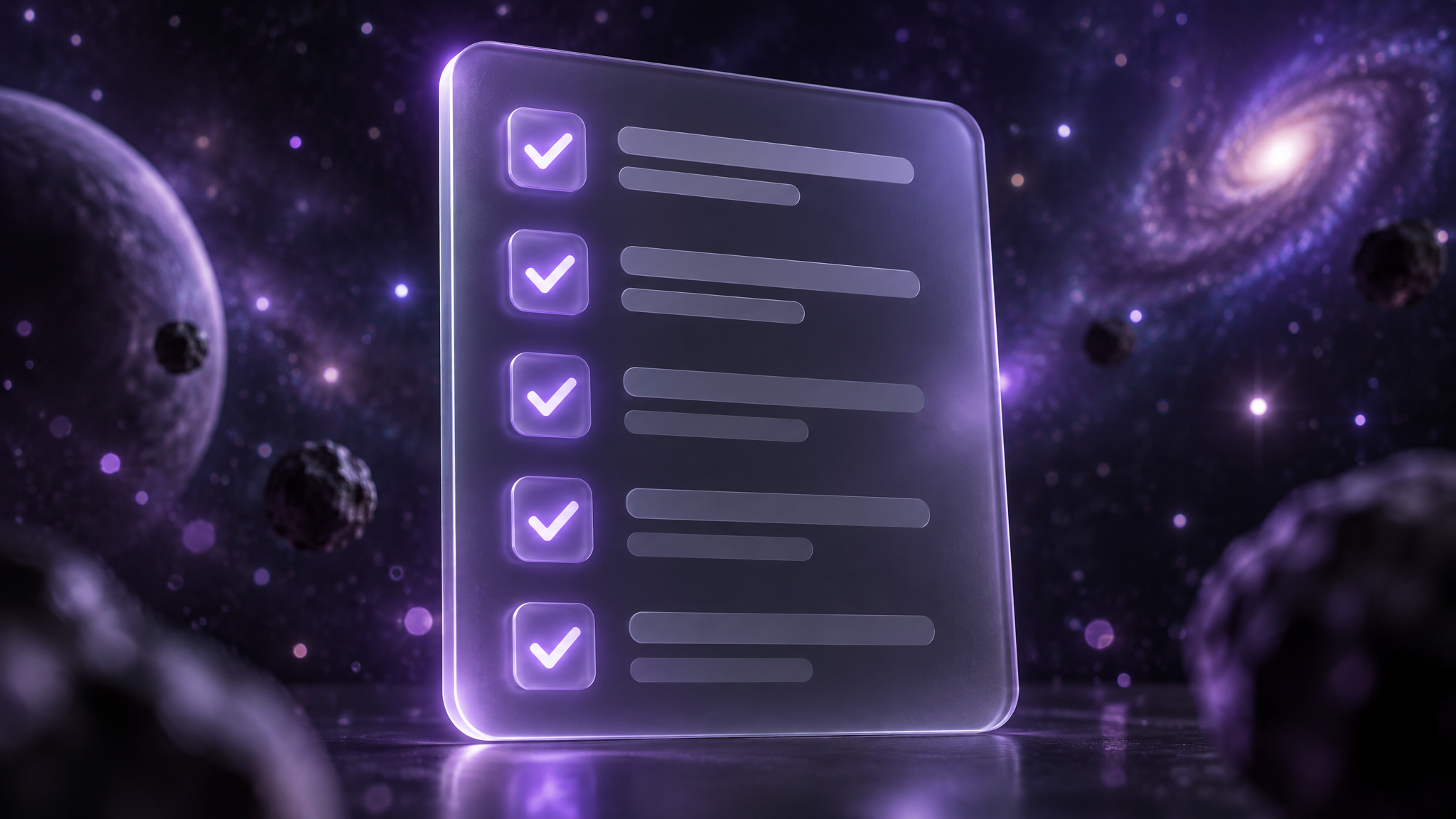 A frosted glass checklist card with glowing violet checkmarks floating in the dark, representing a systematic review-generation process
