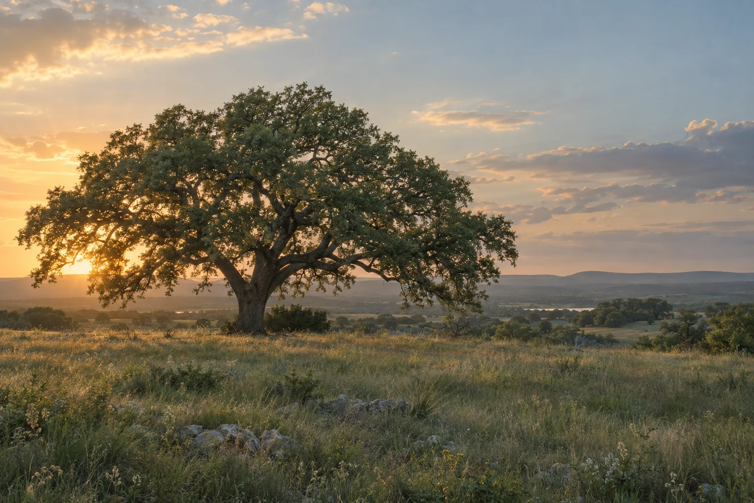 A mature oak tree in a quiet open landscape