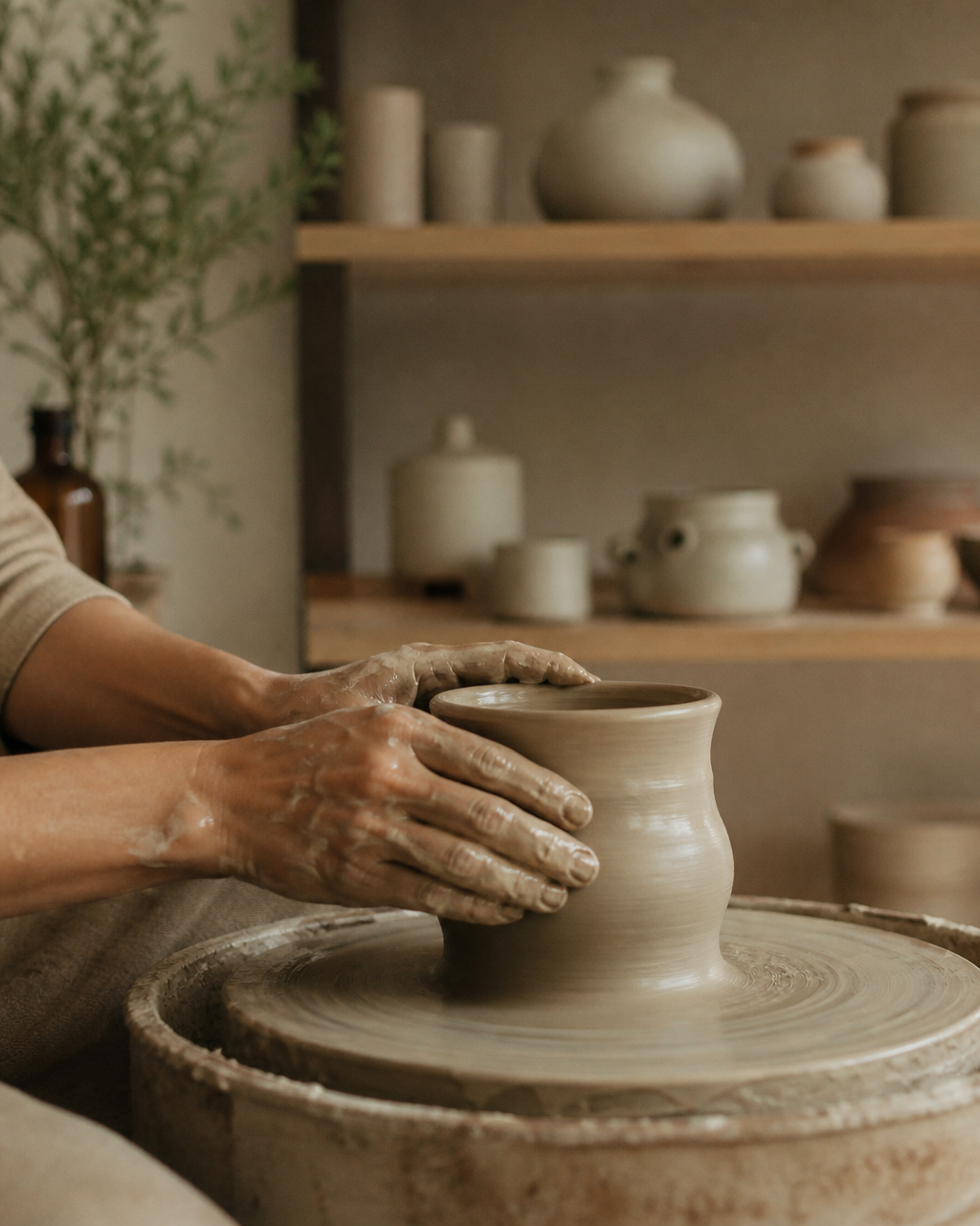 Hands of a craftsperson shaping clay on a potter's wheel in the Sanare Wellness workshop