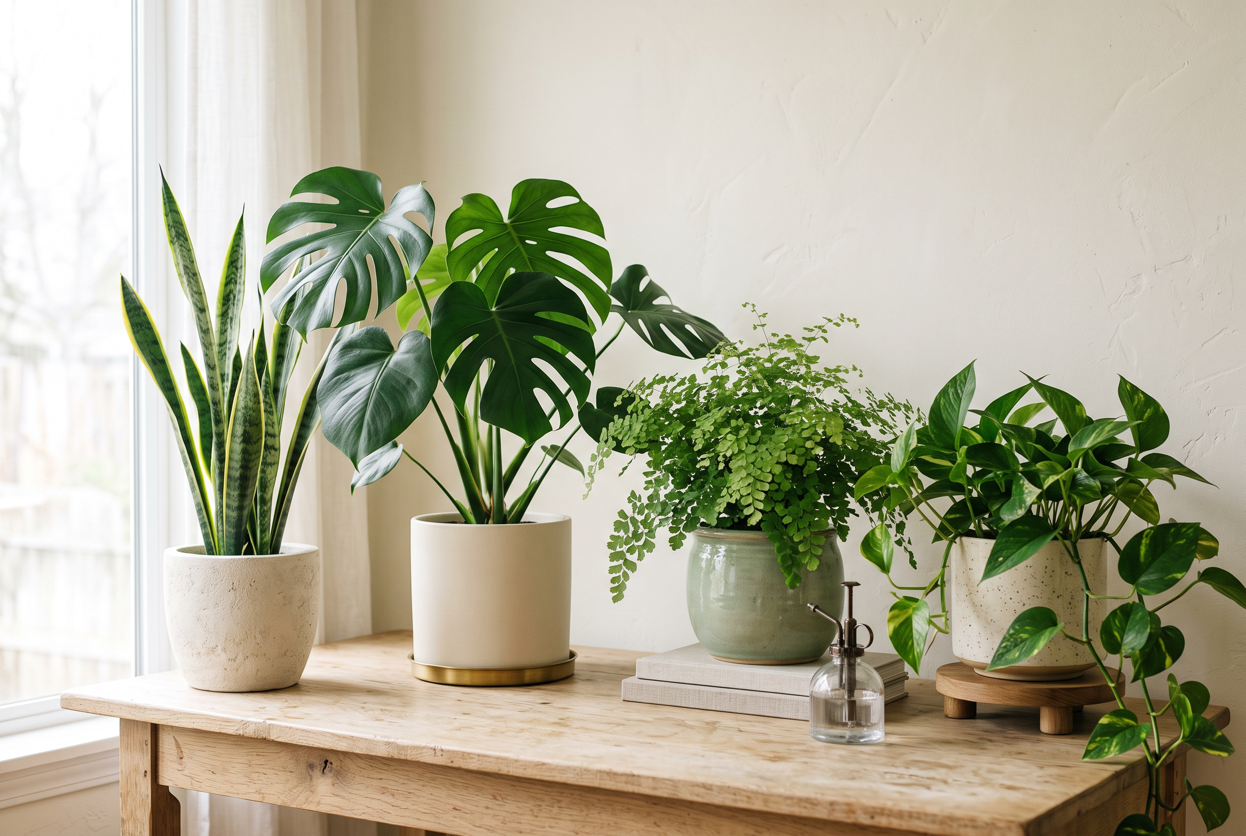Curated grouping of varied potted houseplants arranged on a light wood surface