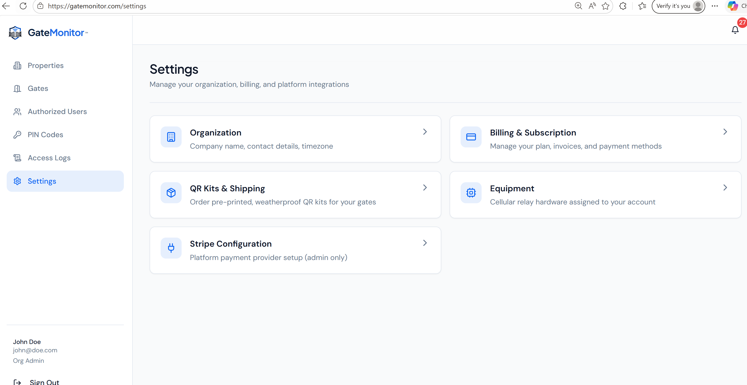 Settings hub with tiles for property details, billing, team members, notifications, and integrations