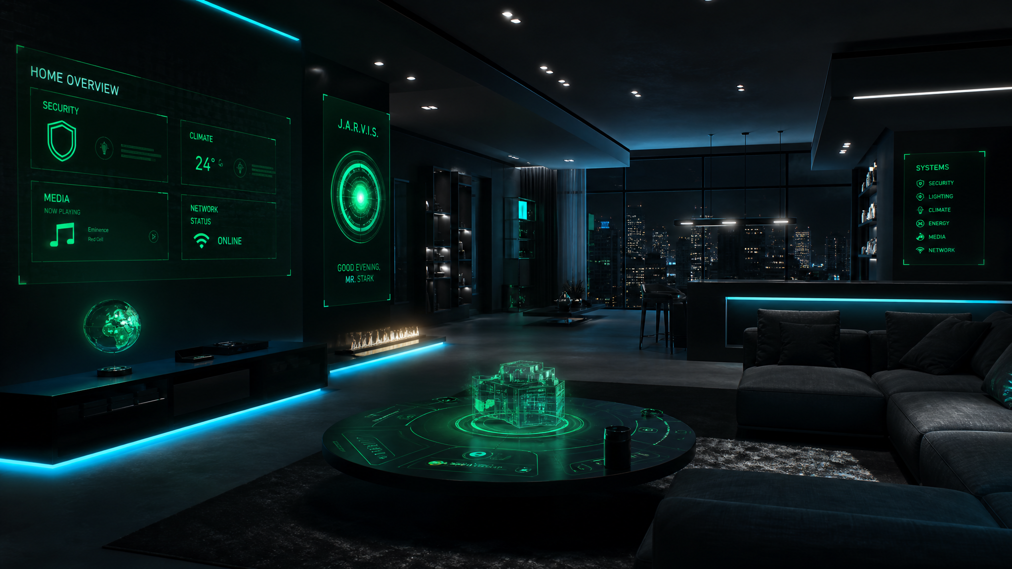 Futuristic living room with Jarvis holographic interface glow