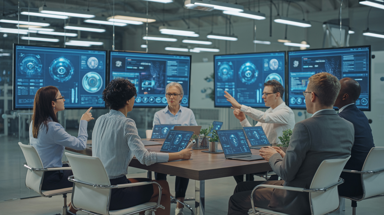 Professional team collaborating with AI tools