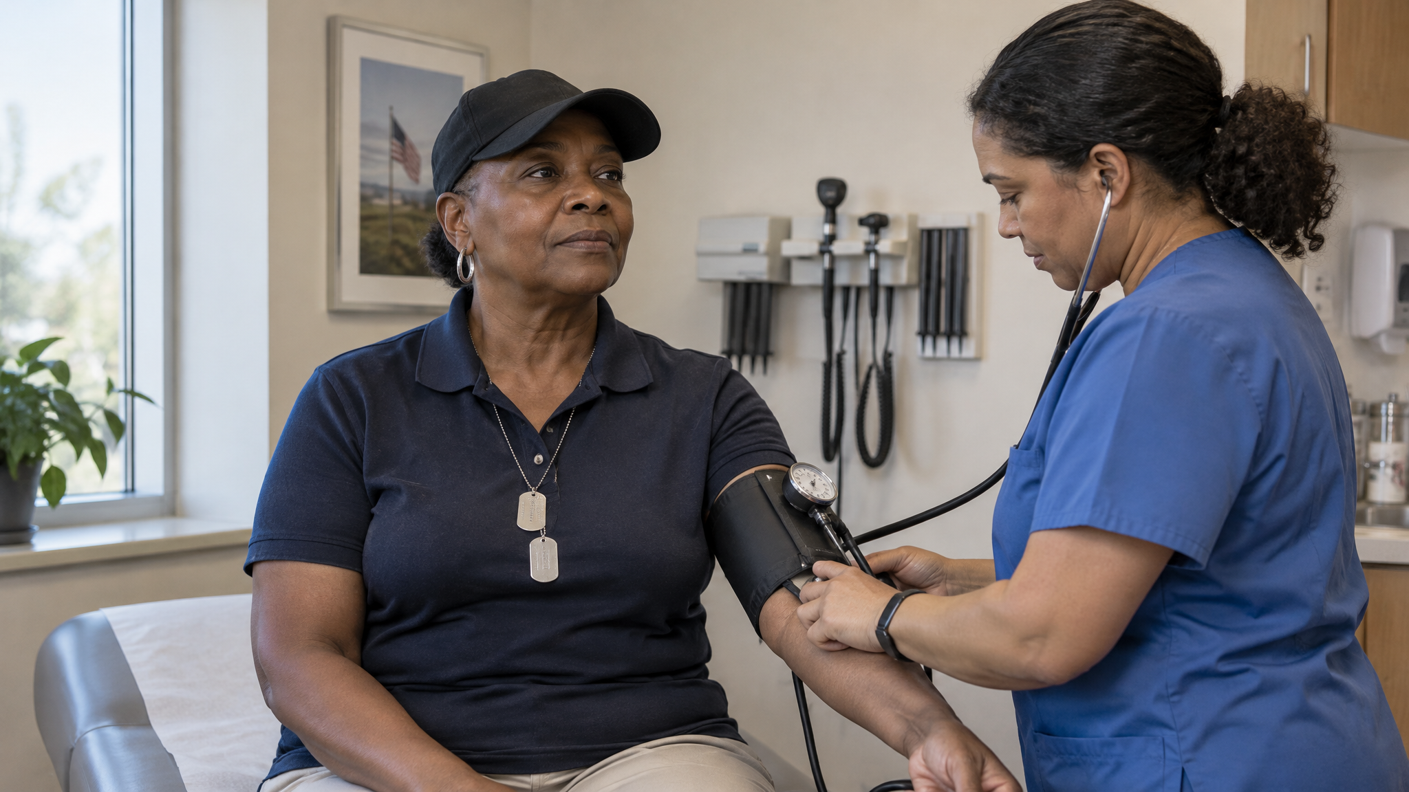 A woman veteran in her late fifties wearing a veteran cap and dog tags having her blood pressure taken by a woman nurse at a VA clinic
