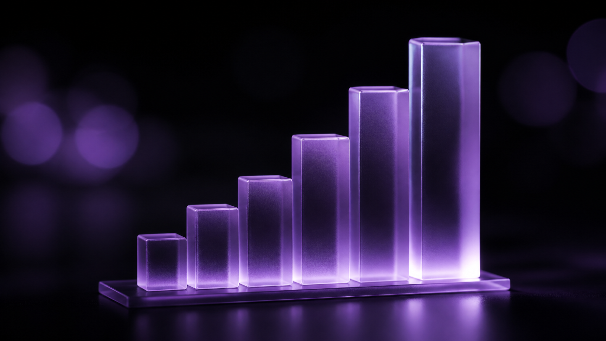 A glowing violet frosted-glass bar chart of ascending bars floating in the dark