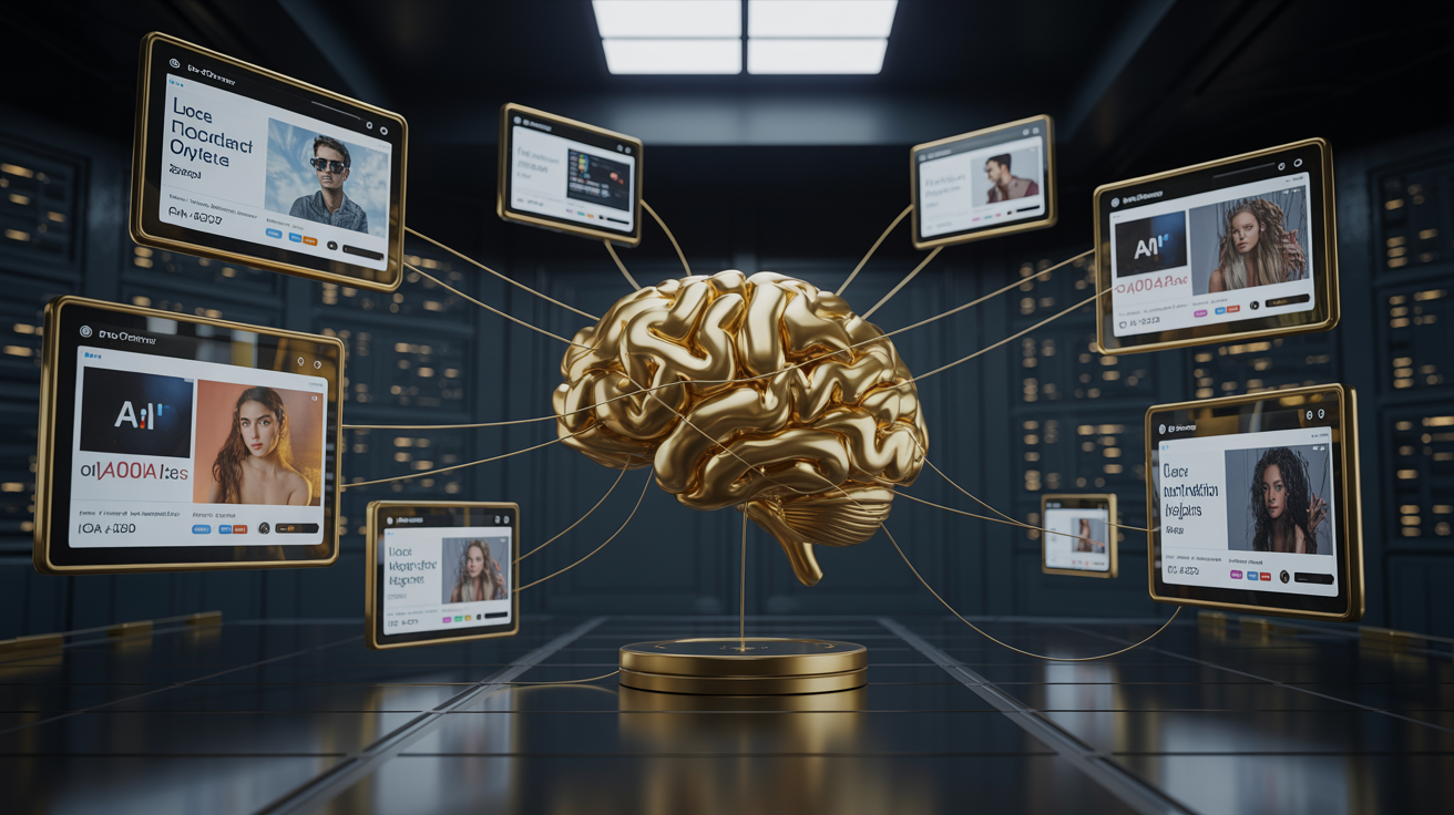 Cinematisches Editorial-Visual eines goldenen KI-Gehirns, das in einem dunklen Kontrollraum mehrere schwebende Werbe-Dashboards und Kampagnen-Screens analysiert und orchestriert – Symbol für den Wandel von manueller Werbung zu agentischer Kampagnenintelligenz
