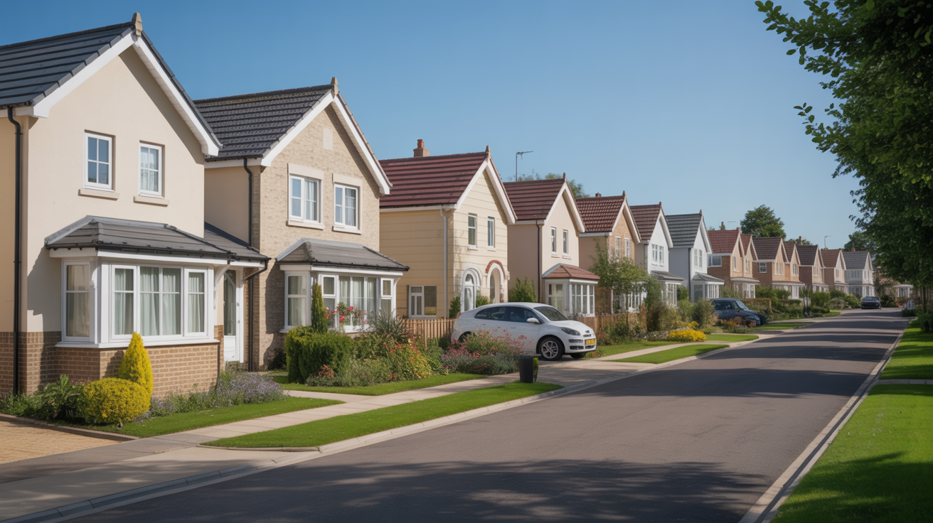 Row of attractive park homes in a UK residential community