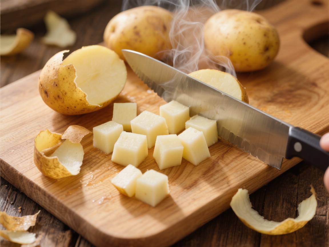 Salade de Pomme de Terre 5 Gros plan d’une salade de pommes de terre crémeuse avec mayonnaise, ciboulette et cornichons.