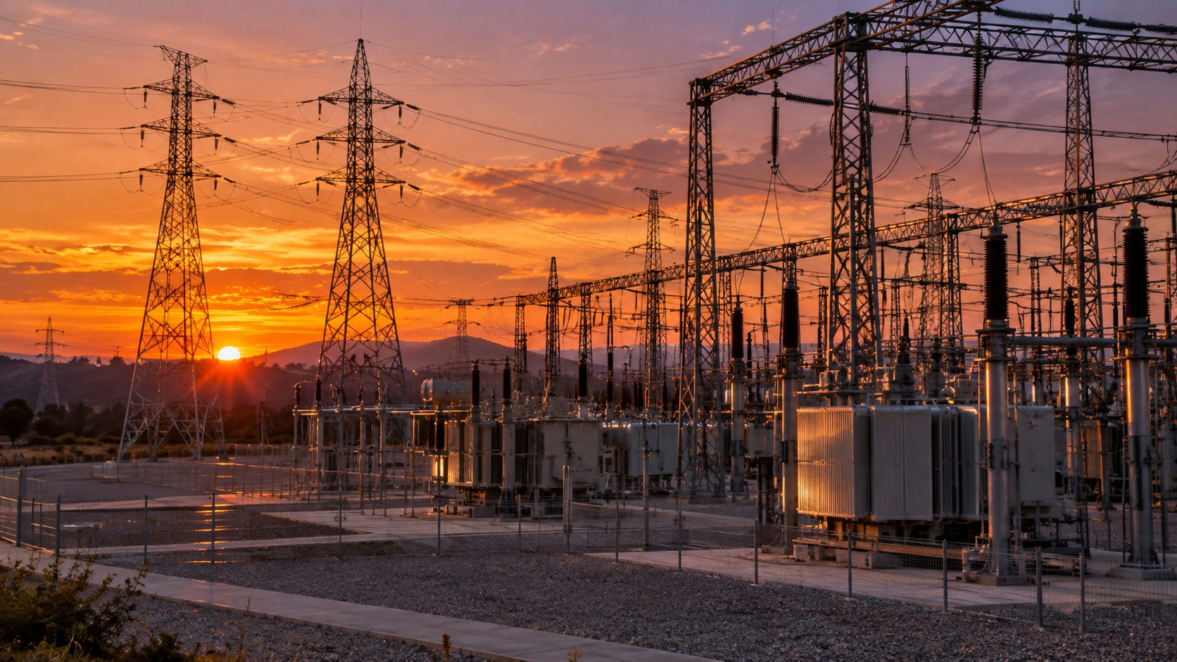 Subestación eléctrica y torres de alta tensión que representan los servicios de ajuste del sistema