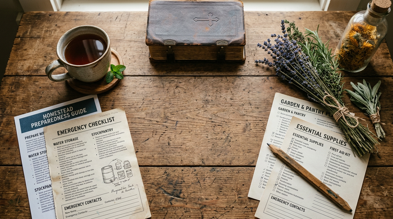 A flat-lay of printed preparedness guides and checklists on a farmhouse table with a Bible, pencil, and dried herbs in warm natural light