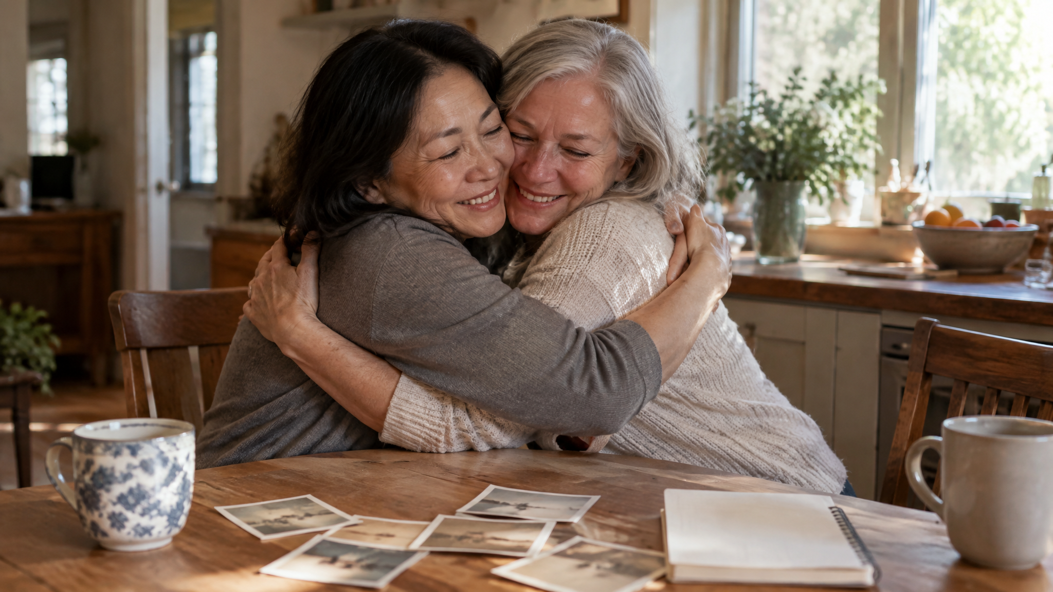 Two women veterans hugging warmly at a kitchen table with old photo prints and a blank notepad in front of them