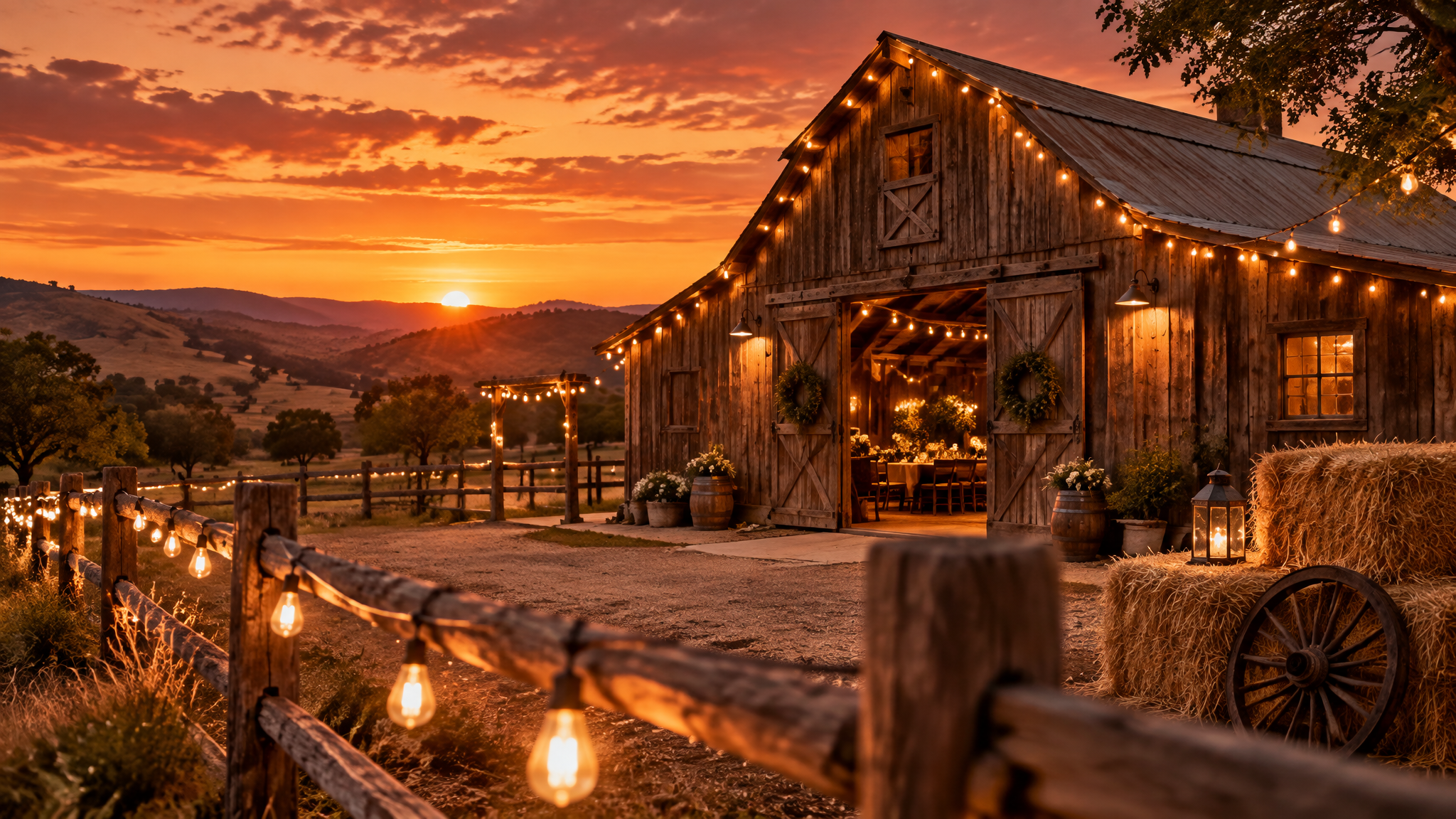 Rustic barn venue at golden hour with string lights