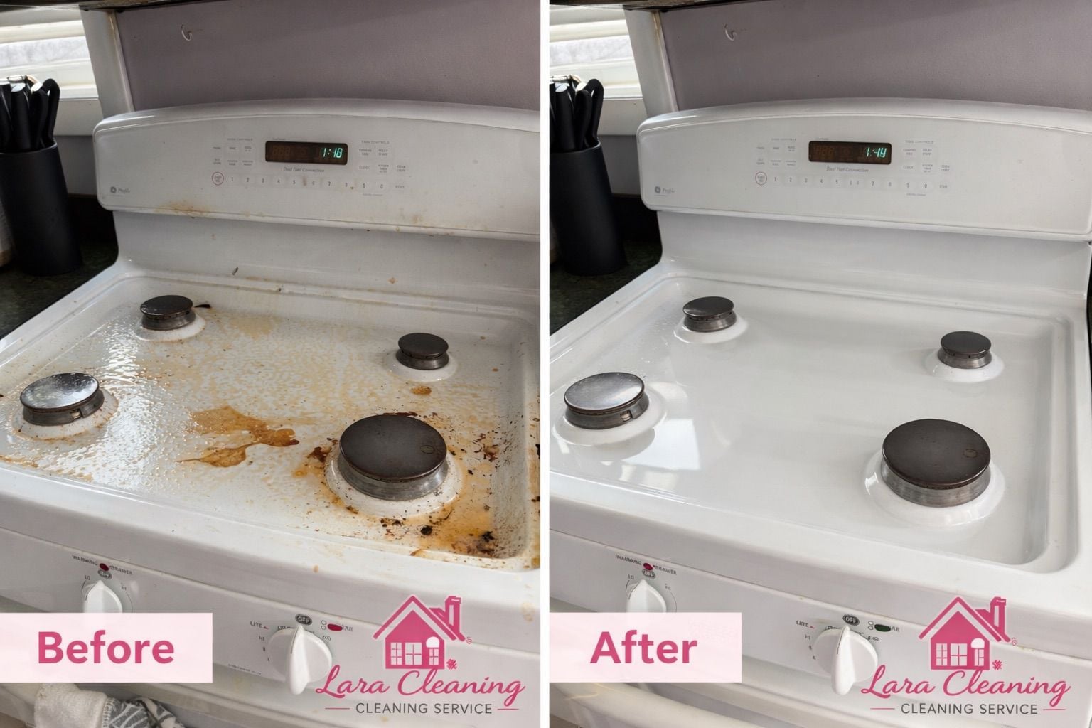 Before and after stove top cleaning by Lara Cleaning